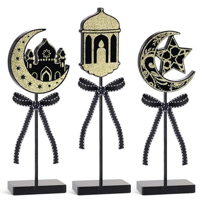 cnomg Eid Mubarak Decorations Wooden Table Centerpiece Ramadan Wooden Tabletop Signs for Tiered Tray Mantel Party Decor