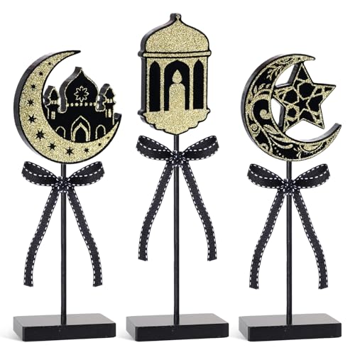 cnomg Eid Mubarak Decorations Wooden Table Centerpiece Ramadan Wooden Tabletop Signs for Tiered Tray Mantel Party Decor