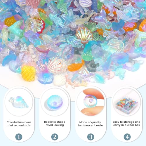 300pcs Luminous Mini Ocean Resin Animals Tiny Resin Sea Animal Figurines To Hide Variety Marine Plastic Animals Aquarium Ornaments for Dollhouse Miniatures DIY Fish Tank Fairy Garden Micro Landscaping - color: 300pcs Luminous Mini Ocean Animals