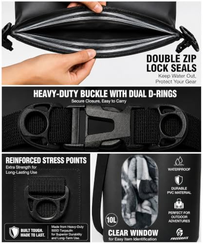 Freegrace Waterproof Dry Bag Set of 3 - Submersible Dry Sack with Double Zip Lock Seals - Includes Waist Pouch & Phone Case - Perfect for Kayaking, Swimming, Boating & Rafting (Black(Window), 10L) - color: Black, size: 10L, style: Window