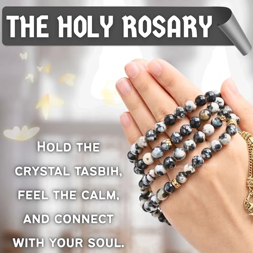 Amazing Gemstone Crystal Tasbeeh with Moon and Star Charm - Certified Crystal Muslim Prayer Beads Natural Gemstone Tasbih Gift for Ramadan Dhikr and Daily Namaz (G) - color: Black and White Jasper