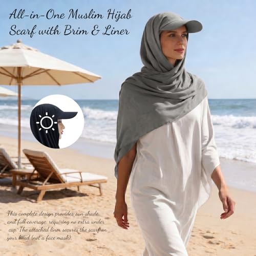 ZLYC Women Muslim Hijab Scarf with Visor Built-in Undercap Sun Protection Headwrap - color: Solid Light Gray