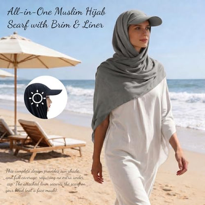 ZLYC Women Muslim Hijab Scarf with Visor Built-in Undercap Sun Protection Headwrap - color: Solid Light Gray