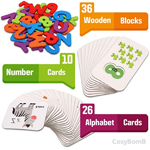 CozyBomB™ Toddler Alphabet Flash Cards - Preschool Activities Learning Montessori Toys ABC Wooden Letters Jigsaw Numbers Alphabets Puzzles Flashcards for Age 3 4 5 Years Old Educational for Kids Baby