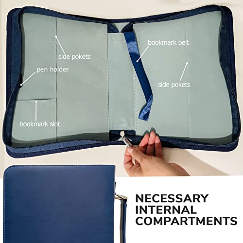 DEHITE Bible Cover Case for Men – Bible Carrying Case for Men – Blue Large Holder – Bag Fits Book10.1 x 7 x 1.9 in – Pen Slots – Zippered Pocket – Premium Faux Leather – Christian Gift - size: Large Blue