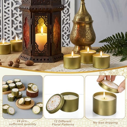 Nuanchu 24 Pack Eid Mubarak Scented Candles Gift 2 oz Golden Star and Moon Design Ramadan Aromatherapy Soy Wax Jars Lasting Bulk Favors for Home Islamic Holiday Party Decor - style: Golden Star Moon Design