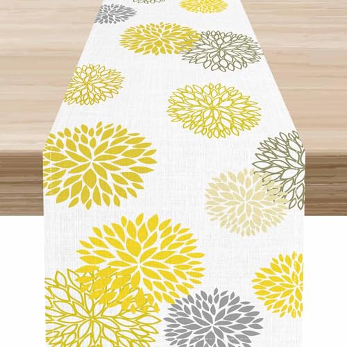Yellow Dahlia Floral Table Runner, Farmhouse Spring Seasonal Boho Dahlia Pinnata Flower Modern Elegant Coffee Table Center Decor for Kitchen Dining Patio Holiday Party Table Decorations, 13"x36" Inch - color: Floral-9, size: 13x36" Table Runner