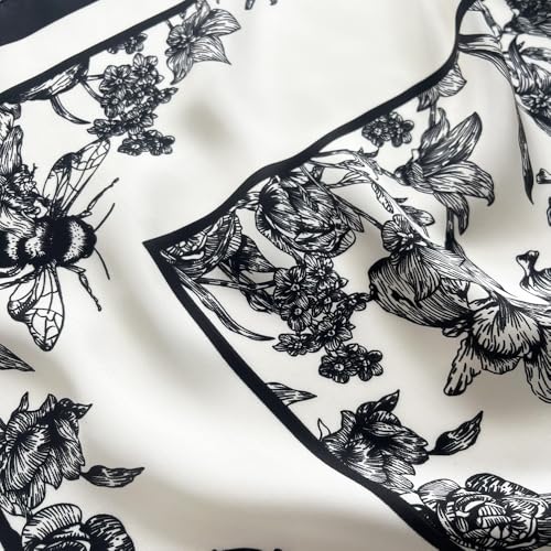 FONYVE Silk Feeling Scarf Medium Square Satin Head Scarf for Women 27.5 × 27.5 inches - color: 03 Black & White Flowers