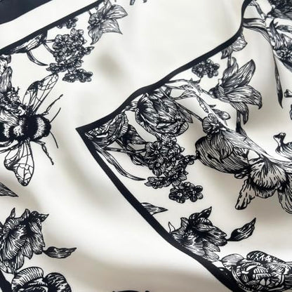 FONYVE Silk Feeling Scarf Medium Square Satin Head Scarf for Women 27.5 × 27.5 inches - color: 03 Black & White Flowers