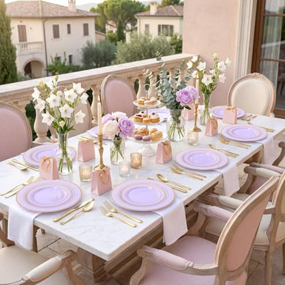 WDF Partyware 175PCS Purple Plates Disposable - Lavender Plastic Plates 25Guests Plastic Dinnerware with Rolled Napkins for Birthday/Spring/Baby Shower/Birthday - color: Purple, size: 175PCS