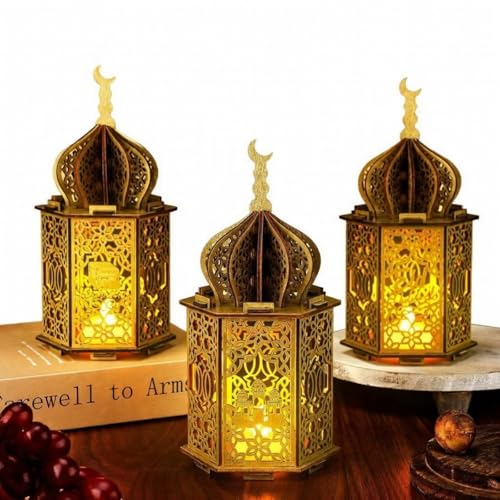 3 Pcs Ramadan Lantern Lights LED Wooden Eid Mubarak Decorations Hanging Ramadan Decorations for Home Family Table Windows Wedding Islam Muslim Indian Diwali Centerpiece Decor