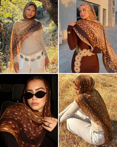 ZGMYC Watercolour Floral Printed Hijab Scarf for Women Soft Modal Cotton Instant Hijab Head Wraps Shawls Long Scarves - color: Brown Deer Print