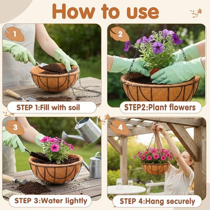 12 inch Metal Hanging Baskets for Plants Outdoor 4 Pack Round Metal Wire Hanging Basket Planter with Coco Fiber Liners Chain Round Wire Plant Holder for Garden, Patio, Deck, Outdoor(Grid) - size: 12 Inch, style: Grid