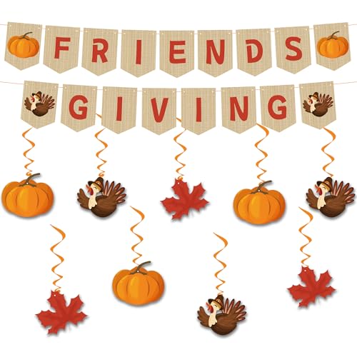 Friendsgiving Party Decorations - FRIENDSGIVING Banner Turkey Pumpkin Maple Leaves Hanging Swirls | Thanksgiving Decorations for Indoor Outdoor Outside - Fall Decor Thanksgiving Backdrop Garland Accessories Party Favors for Home Door - color: Orange yello