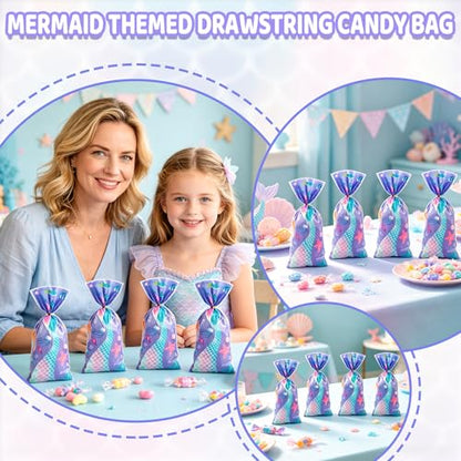 LERCTH 50 PCS Mermaid Gift Bags with Twist Ties - 4.9x10.7 Inch Treat Bags, Mermaid Tail Design Party Favor Bags for Mermaid Theme Party, Ocean Birthday, Summer Pool Party & Beach Events - color: Mermaid goodie bags 50packs