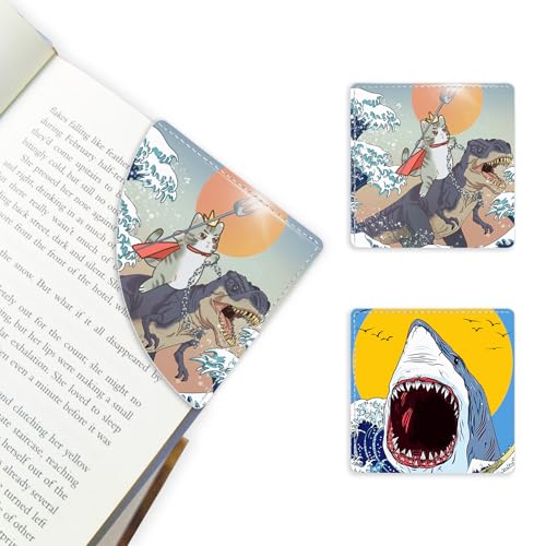 2 Pack Funny Cat and Shark Leather Book Corner Bookmark, Durable Handmade Reading Accessories - Gifts for Readers, Women, Men, Teachers, Students - color: 2pack-funny Cat and Shark