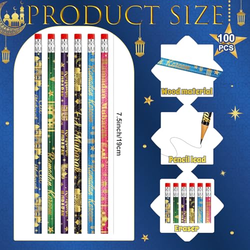 Cinrobiye 100 PCS Ramadan Pencils Eid Mubarak Wood Pencils with Eraser Ramadan Mubarak Party Gifts Stationery Pencil Bulk for Adult School Classroom Office Giveaways Prizes Islamic Party Supplies - style: Mubarak100
