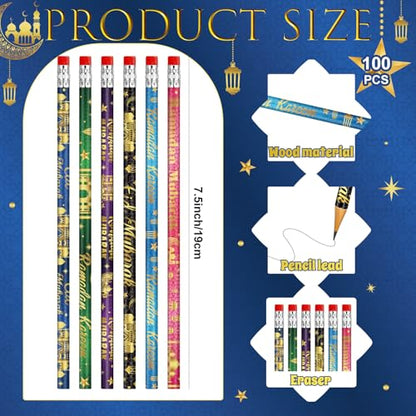 Cinrobiye 100 PCS Ramadan Pencils Eid Mubarak Wood Pencils with Eraser Ramadan Mubarak Party Gifts Stationery Pencil Bulk for Adult School Classroom Office Giveaways Prizes Islamic Party Supplies - style: Mubarak100
