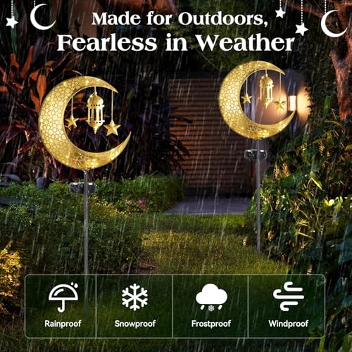 Lewondr 2Pcs Ramadan Solar Lights, Ramadan Decorations Outdoor, Metal Yard Signs LED Eid Decorations Mubarak Star Moon Lantern, Waterproof Solar Garden Stakes Lights for Walkway Lawn Patio - style: Moon and Lantern
