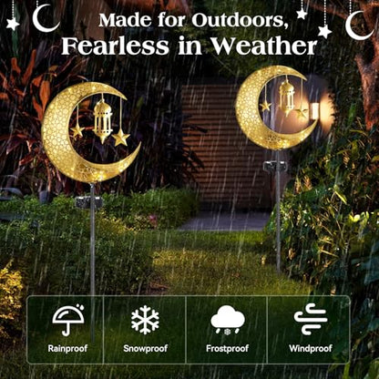 Lewondr 2Pcs Ramadan Solar Lights, Ramadan Decorations Outdoor, Metal Yard Signs LED Eid Decorations Mubarak Star Moon Lantern, Waterproof Solar Garden Stakes Lights for Walkway Lawn Patio - style: Moon and Lantern