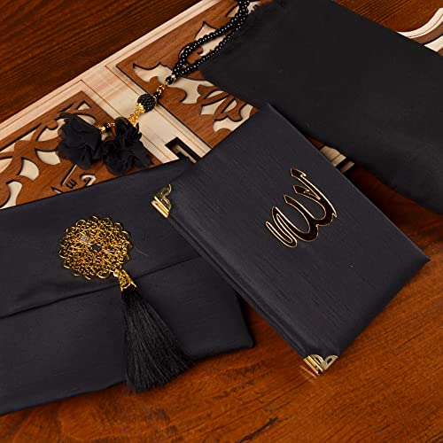 BABY SHOWER CHOCOLATE Prayer Rug Islamic Gift Set, Velvet Prayer Mat, Prayer Beads, Scarf and Yaseen Book, Perfect Family and Muslim Eid Gifts (Black) - color: Black