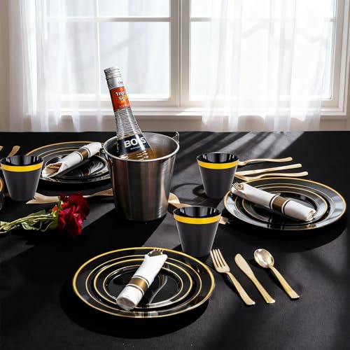 175PCS Black Gold Plastic Dinnerware Set for 25 Guests, Fancy Disposable Plates for Party, Include: 25 Dinner Plates, 25 Dessert Plates, 25 Pre Rolled Napkins with Gold Silverware, 25 Cups - color: Black and Gold