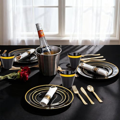 175PCS Black Gold Plastic Dinnerware Set for 25 Guests, Fancy Disposable Plates for Party, Include: 25 Dinner Plates, 25 Dessert Plates, 25 Pre Rolled Napkins with Gold Silverware, 25 Cups - color: Black and Gold