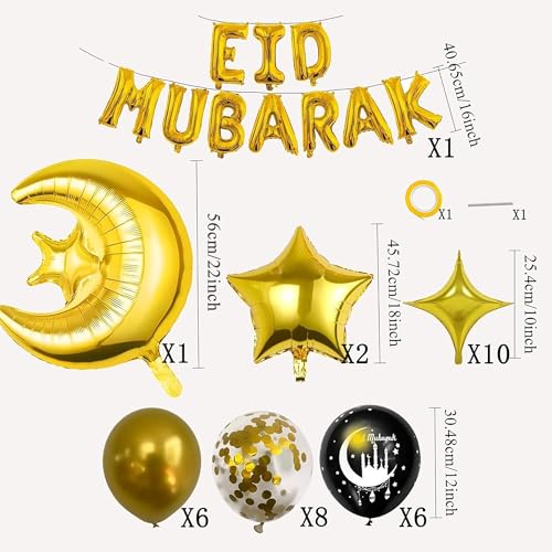 Eid Mubarak Decorations Set - Black and Gold Ramadan Party Supplies including Banner, Balloons for Muslim Islamic Eid Al-Fitr Home Wall Decor (gold)