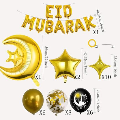Eid Mubarak Decorations Set - Black and Gold Ramadan Party Supplies including Banner, Balloons for Muslim Islamic Eid Al-Fitr Home Wall Decor (gold)