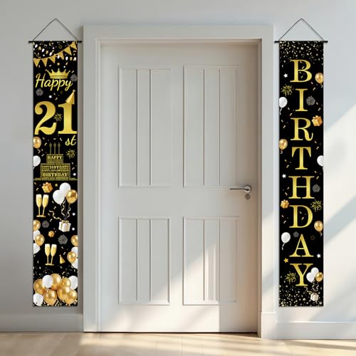 WANDIC Happy 21st Birthday Door Porch Banner Decorations,21st Black Gold Birthday Theme Banner Decorations Coming of Age Ceremony Party Door Cover Sign Décor Supplies - color: Black Gold 21st Birthday