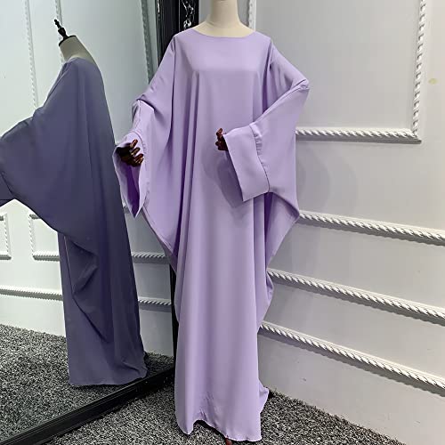 Muslim Dress for Women Pakistani Kaftan Abaya Robe + Hijab Arabic Islamic Prayer Clothes Dubai Outfits - color: Light Purple Set