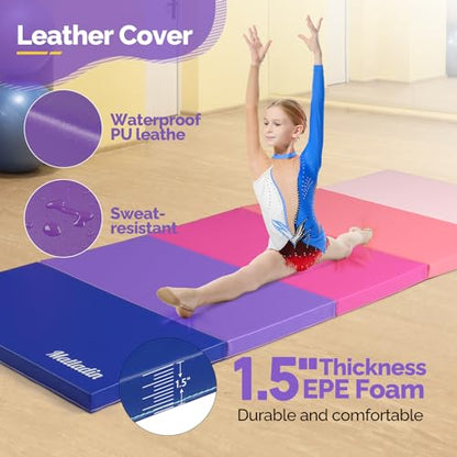 Matladin Folding Gymnastics Gym Exercise Aerobics Mat, 76"L x 30"W x 1.5"Th Folding Exercise Mat, Easy to Clean PU Leather Tumbling Mats for Stretching Yoga Cheerleading Martial Arts, Kid Play(Pink ,Blue） - color: Pink ,Blue Gradient