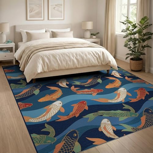 8'x10' Washable Asian Koi Fish Large Rug, Navy Blue Non-Shedding Pet Friendly Carpet Foldable Easy Care Mat for King Size Bedroom, Master Suite, Under Bed | Ref:1885305 - color: Blue/Pattern 12, size: 8' x 10' (Rectangular)