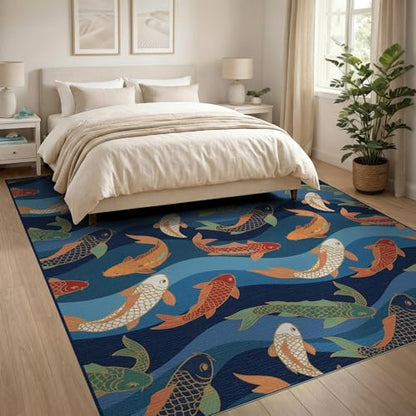 8'x10' Washable Asian Koi Fish Large Rug, Navy Blue Non-Shedding Pet Friendly Carpet Foldable Easy Care Mat for King Size Bedroom, Master Suite, Under Bed | Ref:1885305 - color: Blue/Pattern 12, size: 8' x 10' (Rectangular)