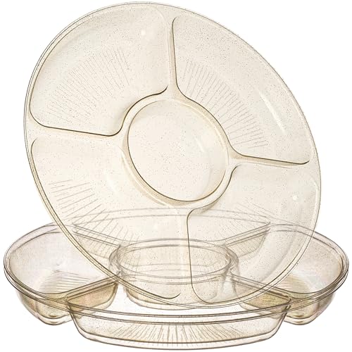 PLASTICPRO 5 Sectional Round Plastic Heavy duty Serving Tray/Platters Gold Glitter Pack of 2 - color: GOLD GLITTER