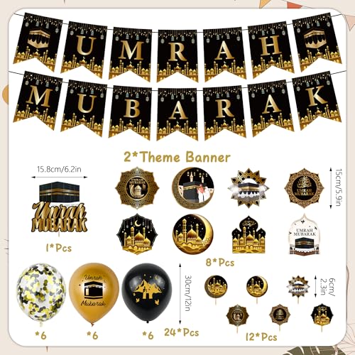 Ramadan Eid Umrah Mubarak Decorations - 41 Pcs Gold Black Eid Mubarak Party Balloons Banners Hanging Swirls Cake Cupcake Toppers Balloon for Lslamic Muslim Umrah Mubarak Festival Party Supplies