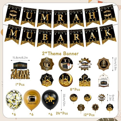 Ramadan Eid Umrah Mubarak Decorations - 41 Pcs Gold Black Eid Mubarak Party Balloons Banners Hanging Swirls Cake Cupcake Toppers Balloon for Lslamic Muslim Umrah Mubarak Festival Party Supplies
