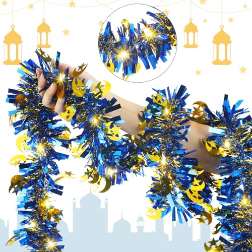 Kingdder 16.4 ft Ramadan Garland Decorations Metallic Garland with 50 LED Lights Hanging Star Crescent Moon with Light Foil Tinsel for Eid Al-adha Party Decor