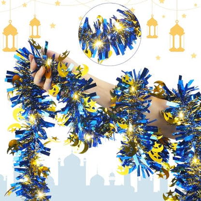 Kingdder 16.4 ft Ramadan Garland Decorations Metallic Garland with 50 LED Lights Hanging Star Crescent Moon with Light Foil Tinsel for Eid Al-adha Party Decor
