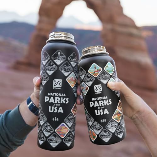 DYSANKY National Parks Water Bottle – 32 oz Insulated Stainless Steel Bottle with 63 Hand-Drawn Park Stickers, Carrier Bag, Strap & Gift Box – BPA-Free – Ideal for Hiking, Camping & Travel - color: Advanced Black Park, size: 32 Ounces