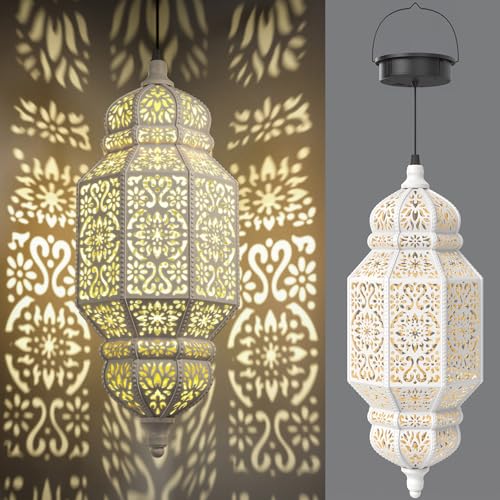 18 Inch High Large Hanging Solar Lights Outdoor Garden Decor, Decorative Waterproof Plastic Moroccan Solar Lantern Lamp, Outside Decorations for Patio Yard Porch Decor, Gardening Gifts for Women Mom - color: Warm White, size: 1pack