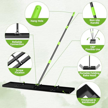 GARDTECH 36×10 Anti-Flip Lawn Leveling Rake,76” Adjustable Handle | Heavy Duty Stainless Steel,2mm Plate, for Topdressing, Sandbox, Garden Beds, Lawn Repair,Dog Spots - size: 36''x10''