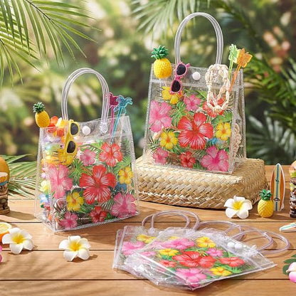 Aliceset 24 Pcs Clear Hawaiian Gift Bags with Handles Tropical Floral Hawaiian Luau Party Favor Bag for Aloha Theme Tropical Luau Summer Party with Palm Leaves 6.31"x 5.91"x 3.15" - style: Hibiscus with Leaves
