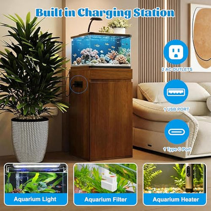 10-15 Gallon Aquarium Fish Tank Stand with Power Outlet, Small Terrarium Stand Cabinet with Adjustable Shelves, Storage Cabinet for Turtle Tank & Reptile Terrarium, 330LBS (Brown) - color: Brown