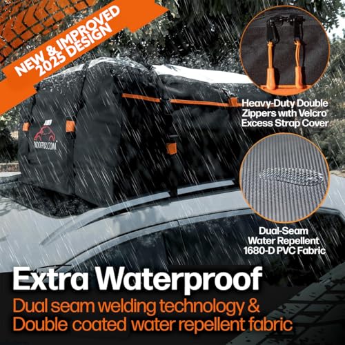 Car Rooftop Cargo Carrier Bag Waterproof Storage - Including Double Zippers15 cft. with Heavy-Duty Tie-Down Straps fit Cars with/Without Roof Top Rack or Side Rails. - size: 15 cuft
