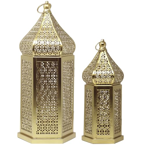 Vela Lanterns Decorative Indoor Gold Moroccan Temple Lanterns, Set of 2 - color: Gold, size: 11" and 15"
