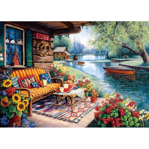 Lake House 1000 Piece Puzzle for Adults Summer Lakeside Retreat Jigsaw Puzzle Cozy Cabin Dock Sunflowers Boat Beautiful Landscape Challenging Adult Puzzles for Game Night (27.6"x19.7") - color: Lake House