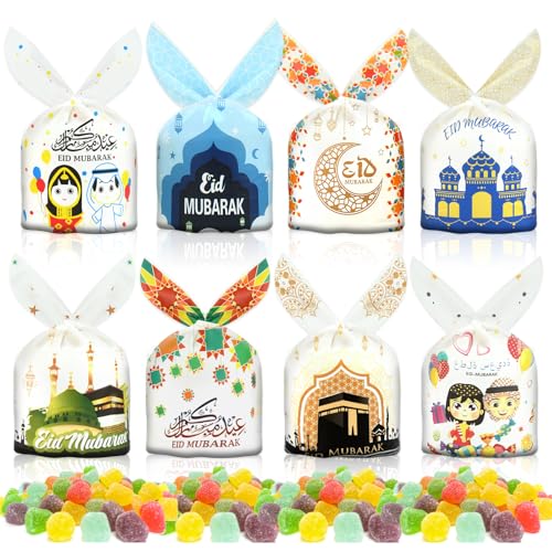 AhfuLife 80 Pcs Eid Mubarak Party Treat Bags, Eid Mubarak Decorations, Ramadan Mubarak Sweets Biscuit Goodie Favor Bags for Islam Party Decorations
