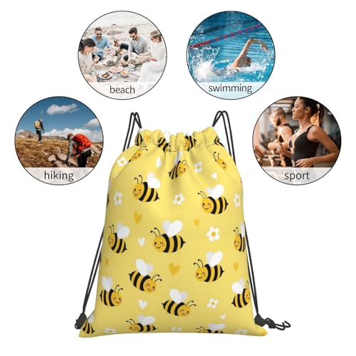 Polyester Drawstring Bag for Men Women, Cute Honeybee Bee Light Yellow, Large Capacity Sports Sack for Beach Swimming - color: Pattern (377)