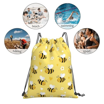 Polyester Drawstring Bag for Men Women, Cute Honeybee Bee Light Yellow, Large Capacity Sports Sack for Beach Swimming - color: Pattern (377)